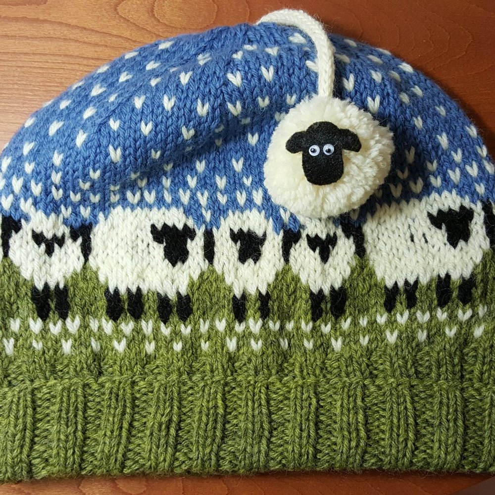 Hand Crafted Handmade Hand Knit Sheep Hat with Sheepy Pom-Pom - Adult Size - Picture 2 of 2